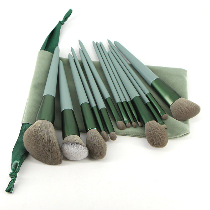 HKM-742483 Green Wooden Handle Quick-Drying Soft Fur Makeup Brush Set - 13-Piece with Storage Bag
