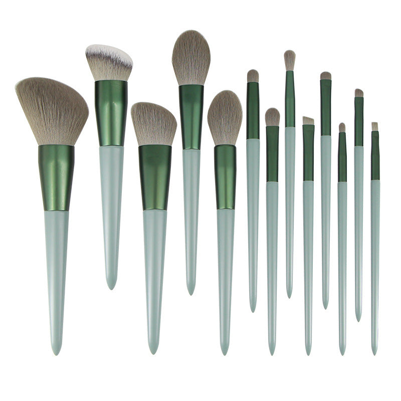 HKM-742483 Green Wooden Handle Quick-Drying Soft Fur Makeup Brush Set - 13-Piece with Storage Bag