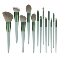 HKM-742483 Green Wooden Handle Quick-Drying Soft Fur Makeup Brush Set - 13-Piece with Storage Bag