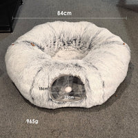 HKM-936915 Spacious Cat Tunnel Bed with Washable Mat for Indoor Pets - Furry Play Tube for Cats and Small Animals, Grey