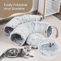 HKM-936915 Spacious Cat Tunnel Bed with Washable Mat for Indoor Pets - Furry Play Tube for Cats and Small Animals, Grey