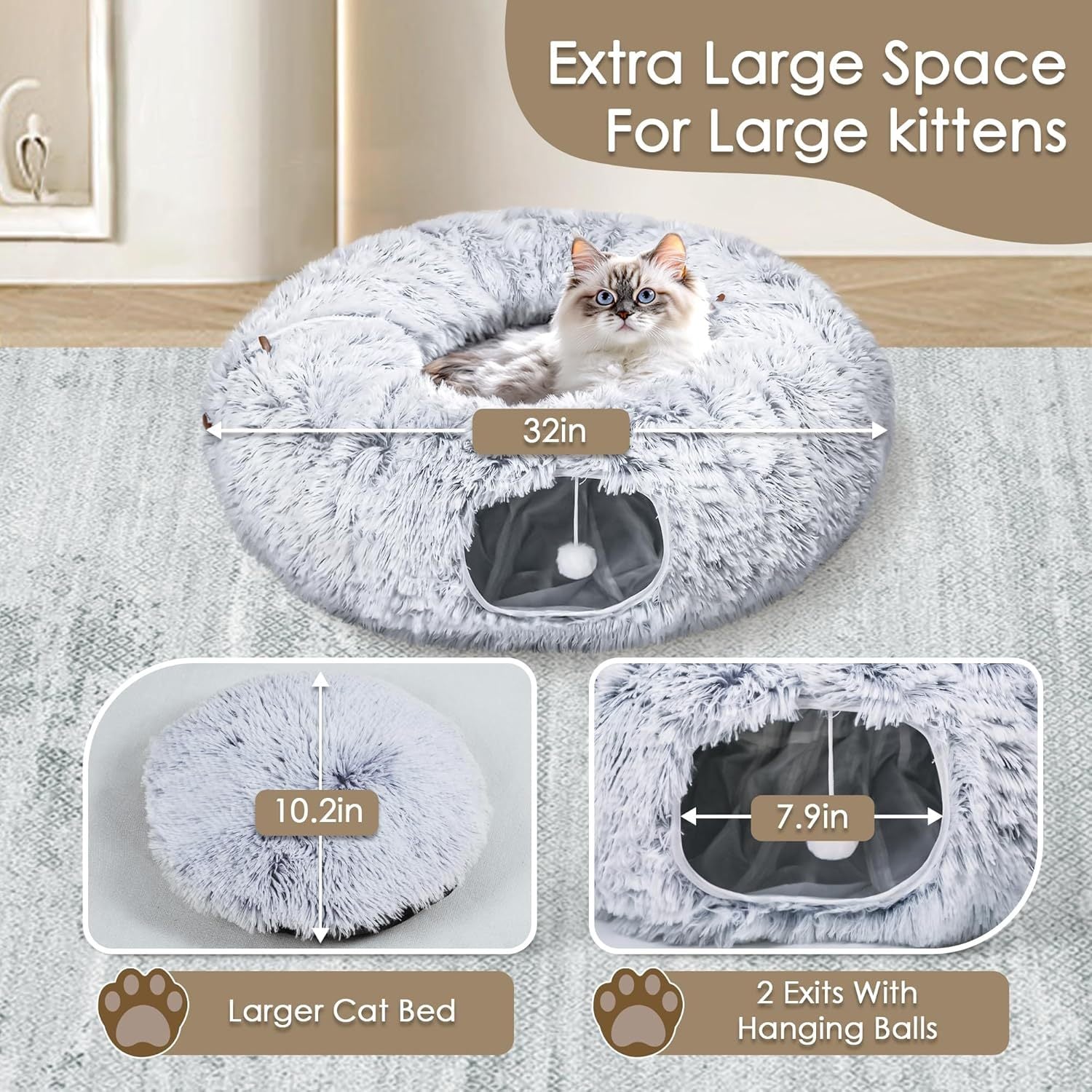 HKM-936915 Spacious Cat Tunnel Bed with Washable Mat for Indoor Pets - Furry Play Tube for Cats and Small Animals, Grey