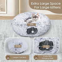 HKM-936915 Spacious Cat Tunnel Bed with Washable Mat for Indoor Pets - Furry Play Tube for Cats and Small Animals, Grey