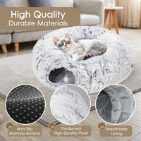HKM-936915 Spacious Cat Tunnel Bed with Washable Mat for Indoor Pets - Furry Play Tube for Cats and Small Animals, Grey