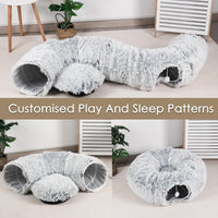 HKM-936915 Spacious Cat Tunnel Bed with Washable Mat for Indoor Pets - Furry Play Tube for Cats and Small Animals, Grey