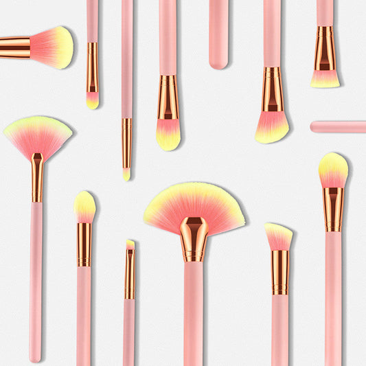 HKM-294931 12-Piece Pink Makeup Brush Set with Nylon Wool Bristles and Wooden Handles