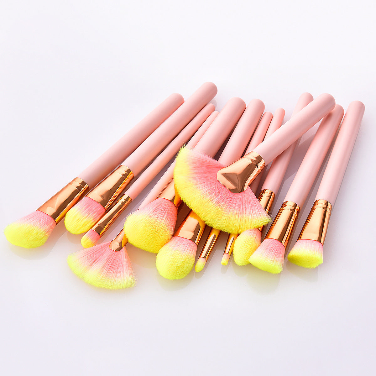 HKM-294931 12-Piece Pink Makeup Brush Set with Nylon Wool Bristles and Wooden Handles