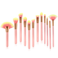 HKM-294931 12-Piece Pink Makeup Brush Set with Nylon Wool Bristles and Wooden Handles