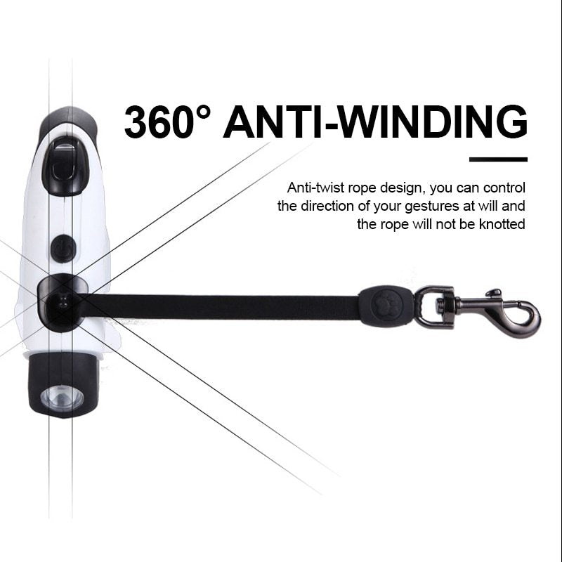 HKM-052691 Retractable Traction Rope for Dog Walking with Integrated Light - Adjustable Lengths Available: 3M or 5M - Durable Plastic - Black and White, Green, Red Options