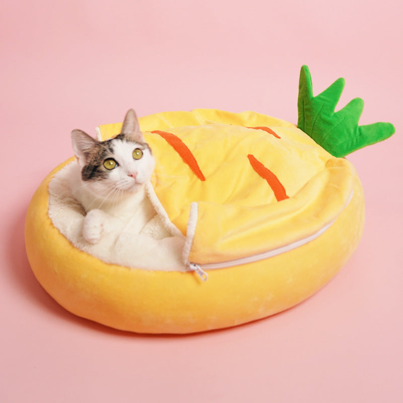 HKM-449491 Cozy Semi-Enclosed Cat Sleeping Bag - Warm Cotton Pet Nest for Deep Sleep, Removable Mat