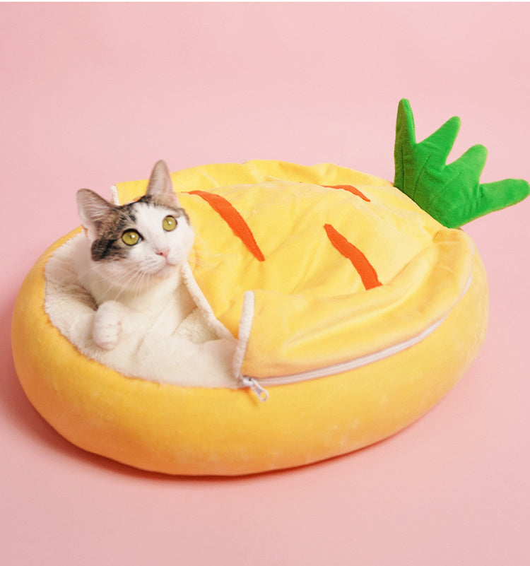 HKM-449491 Cozy Semi-Enclosed Cat Sleeping Bag - Warm Cotton Pet Nest for Deep Sleep, Removable Mat