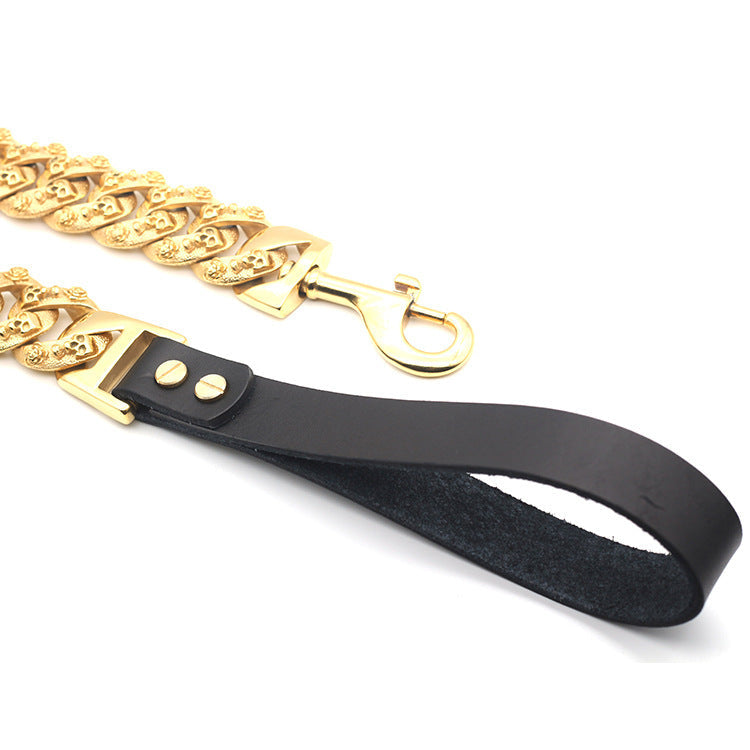 HKM-148691 Gold Stainless Steel Dog Leash with Leather Handle - 80cm Length