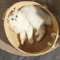 HKM-808787 Spacious Wicker Cat Bed with Corrugated Scratching Surface - Comfortable Multi-Functional Pet Nest for All Seasons