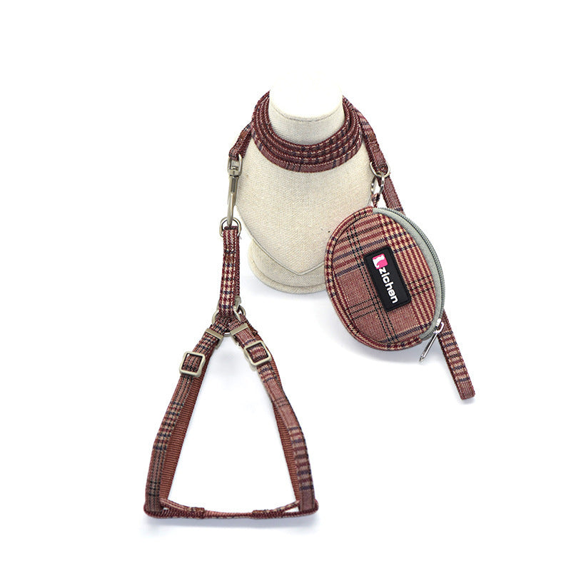 HKM-587027 Plaid Cotton Dog Leash and Collar Set with Snack Bag - Adjustable for All Breeds