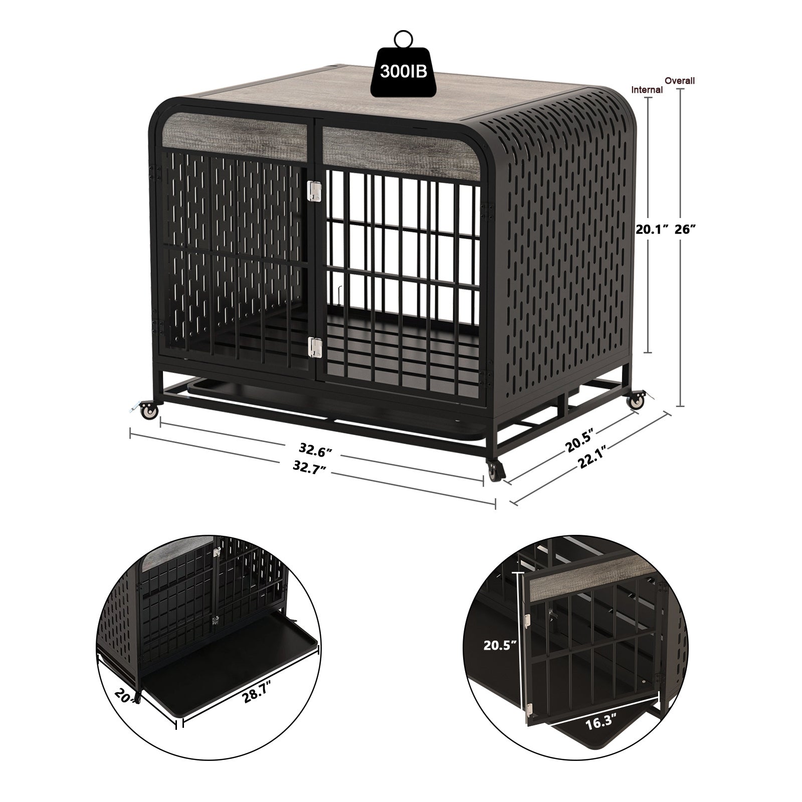 HKM-612499 Heavy Duty Wooden Dog Crate Table with Removable Tray and Lockable Wheels for Small Pets - 33 Inch Grey