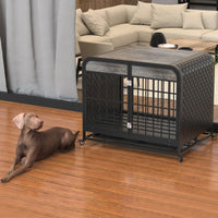 HKM-612499 Heavy Duty Wooden Dog Crate Table with Removable Tray and Lockable Wheels for Small Pets - 33 Inch Grey