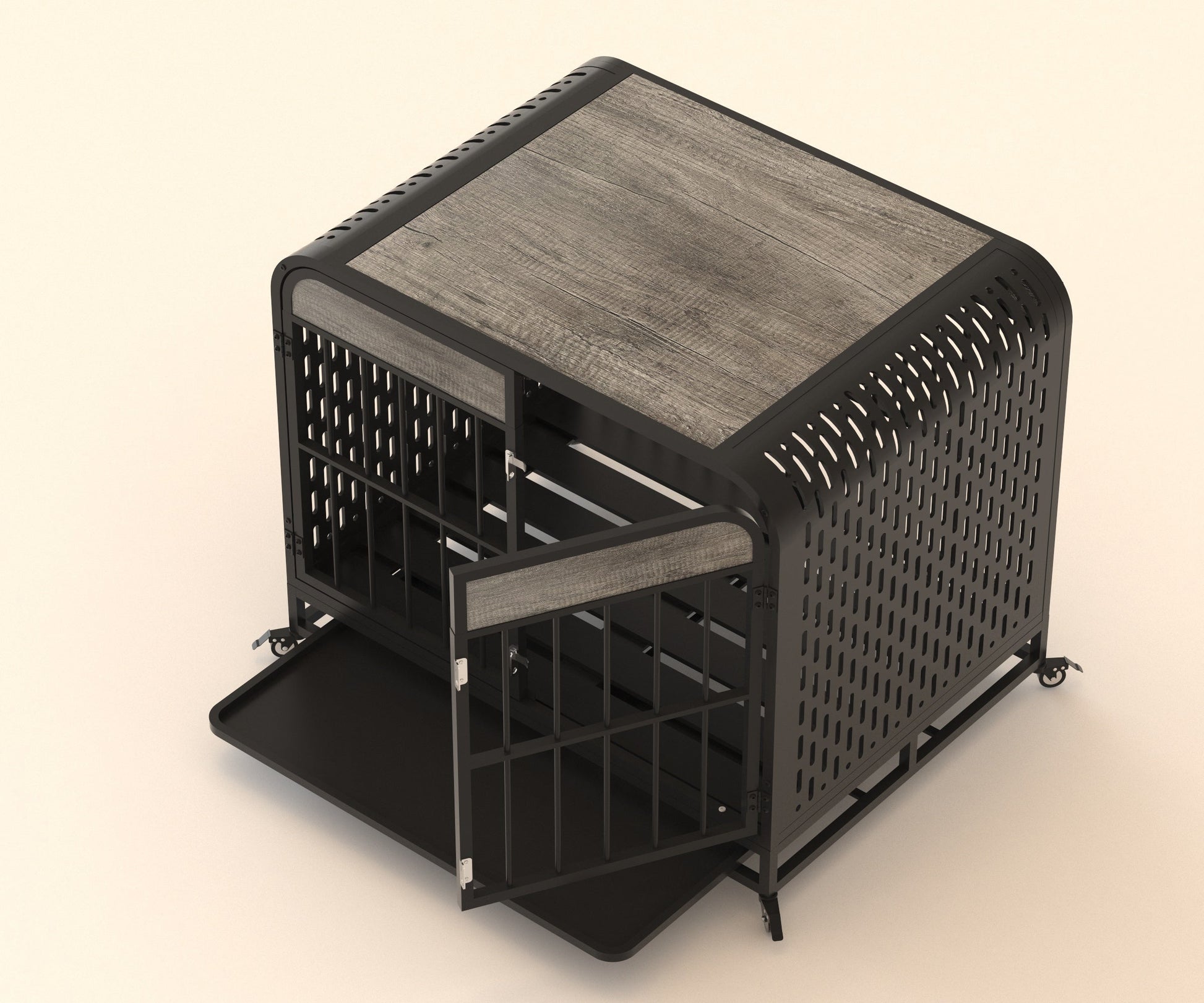 HKM-612499 Heavy Duty Wooden Dog Crate Table with Removable Tray and Lockable Wheels for Small Pets - 33 Inch Grey