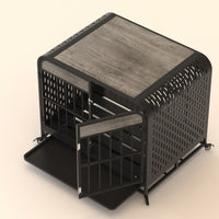 HKM-612499 Heavy Duty Wooden Dog Crate Table with Removable Tray and Lockable Wheels for Small Pets - 33 Inch Grey