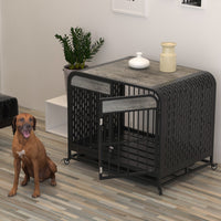 HKM-612499 Heavy Duty Wooden Dog Crate Table with Removable Tray and Lockable Wheels for Small Pets - 33 Inch Grey