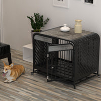 HKM-612499 Heavy Duty Wooden Dog Crate Table with Removable Tray and Lockable Wheels for Small Pets - 33 Inch Grey