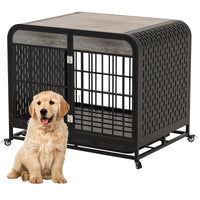 HKM-612499 Heavy Duty Wooden Dog Crate Table with Removable Tray and Lockable Wheels for Small Pets - 33 Inch Grey