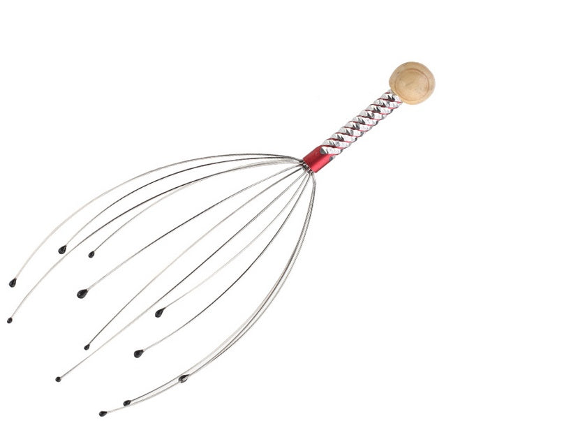 HKM-491219 Octopus Head Massager with Wooden Handle and Stainless Steel Claws for Scalp Relaxation and Blood Circulation