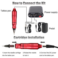 HKM-064659 Mini Tattoo Pen Set with Power Supply, Needles, and Accessories in Multiple Colors