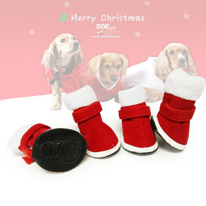 JMT-909322 Cozy Red Plush Pet Christmas Shoes for Small Dogs with Non-Slip Sole