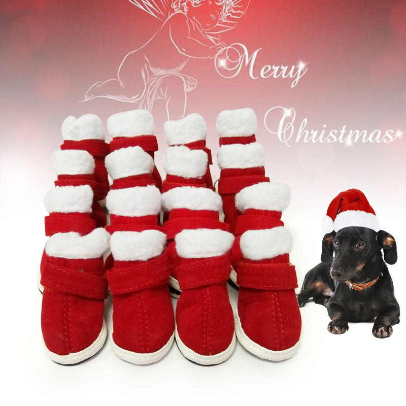 JMT-909322 Cozy Red Plush Pet Christmas Shoes for Small Dogs with Non-Slip Sole