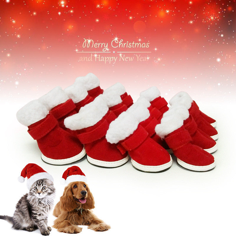 JMT-909322 Cozy Red Plush Pet Christmas Shoes for Small Dogs with Non-Slip Sole