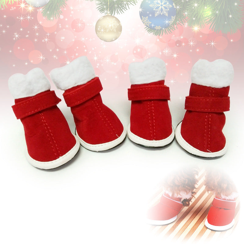 JMT-909322 Cozy Red Plush Pet Christmas Shoes for Small Dogs with Non-Slip Sole