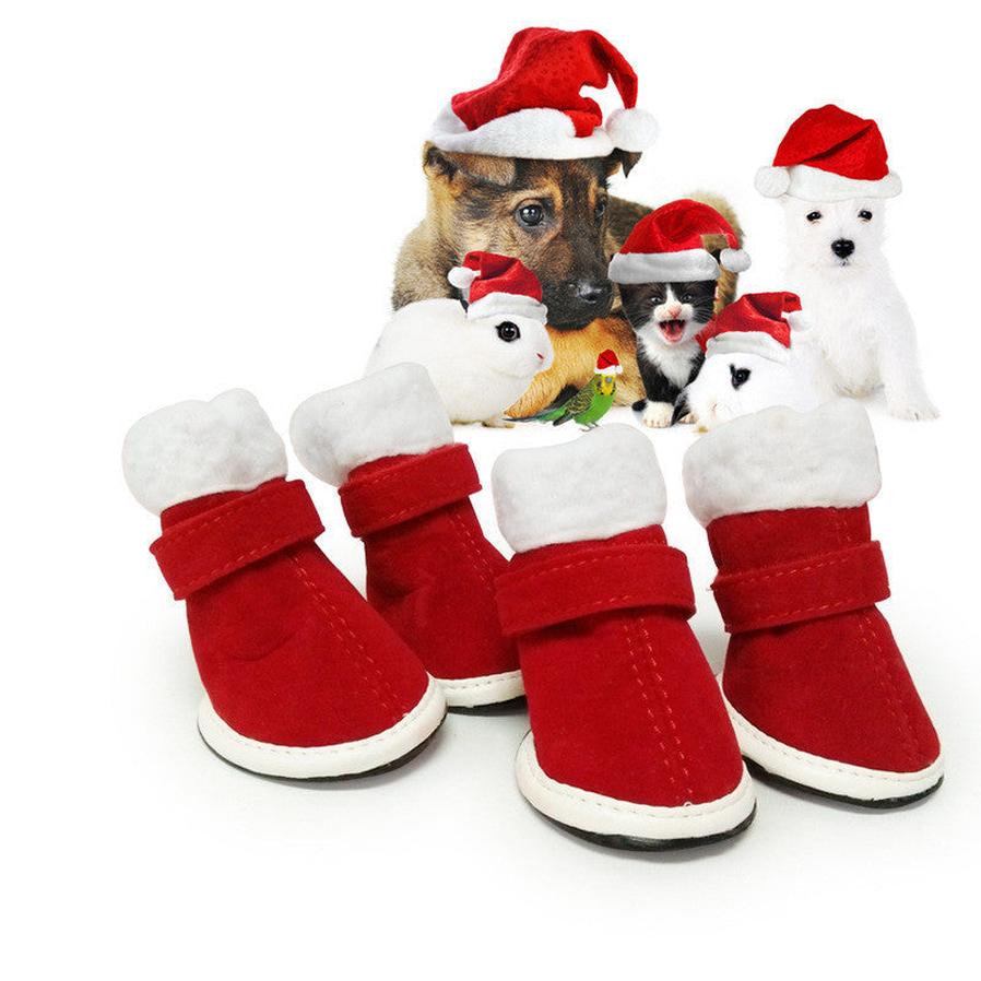 JMT-909322 Cozy Red Plush Pet Christmas Shoes for Small Dogs with Non-Slip Sole