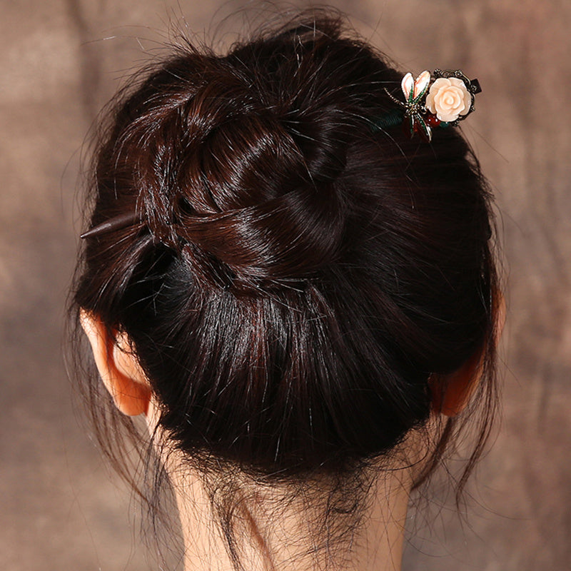 HKM-624275 Wooden Daily Pan Head Shaking Hairpin - Black National Style Hair Accessory