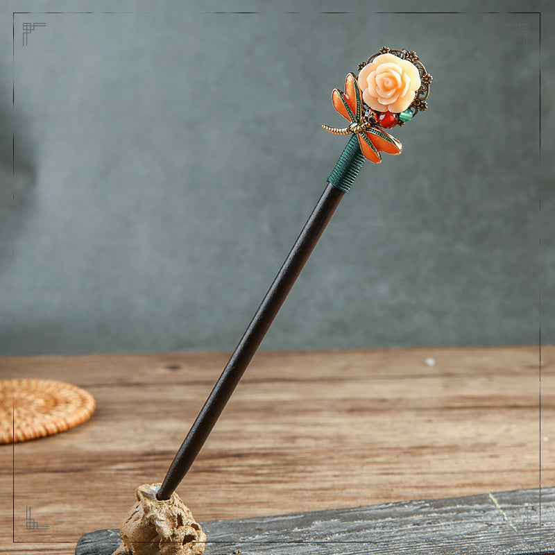HKM-624275 Wooden Daily Pan Head Shaking Hairpin - Black National Style Hair Accessory