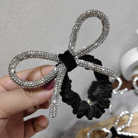 HKM-175571 Diamond-Studded Silver Bow Hair Tie for Women
