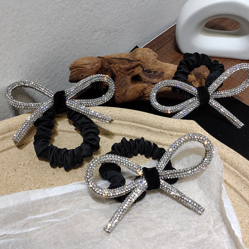 HKM-175571 Diamond-Studded Silver Bow Hair Tie for Women