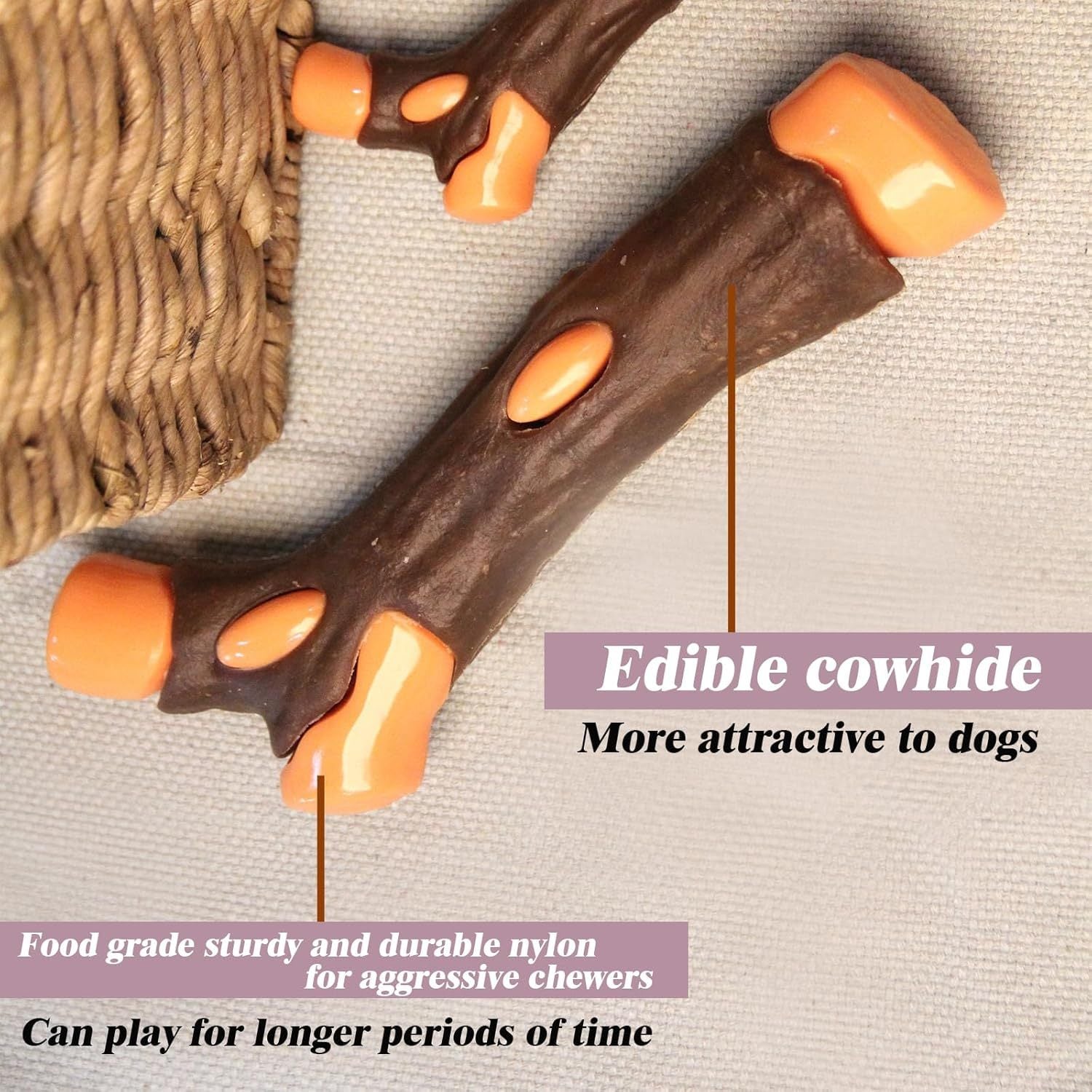 HKM-472403 Indestructible Dog Bones Chew Toy - Real Beef Flavor, Safe Nylon & Cowhide, Ideal for Aggressive Chewers of All Sizes