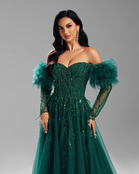 HKM-234323 Elegant Green Evening Gown for Women - Timeless Formal Dress Perfect for Special Occasions