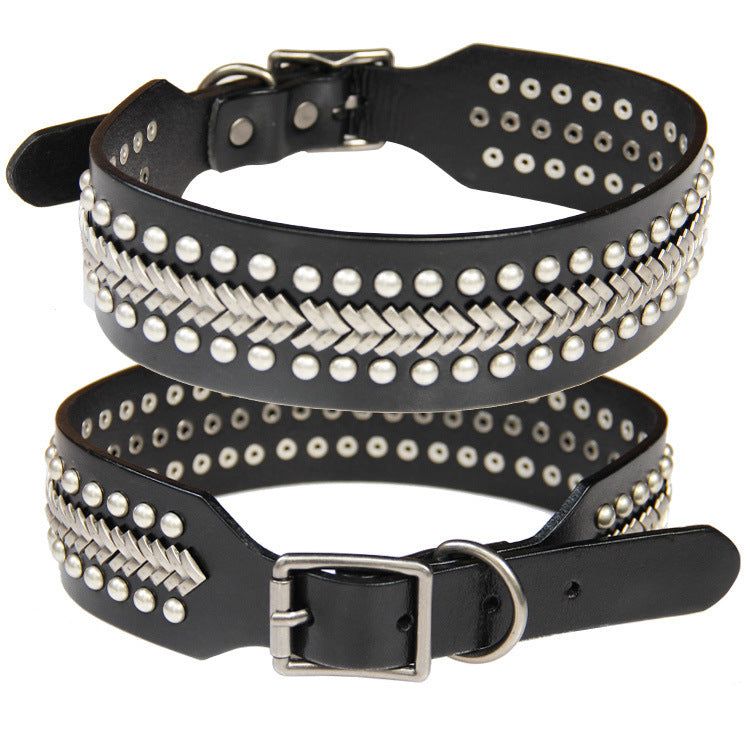 HKM-603987 Large Leather Dog Collar with Personality Rivets - Dark Red, Gold, Silver, Orange, and Red