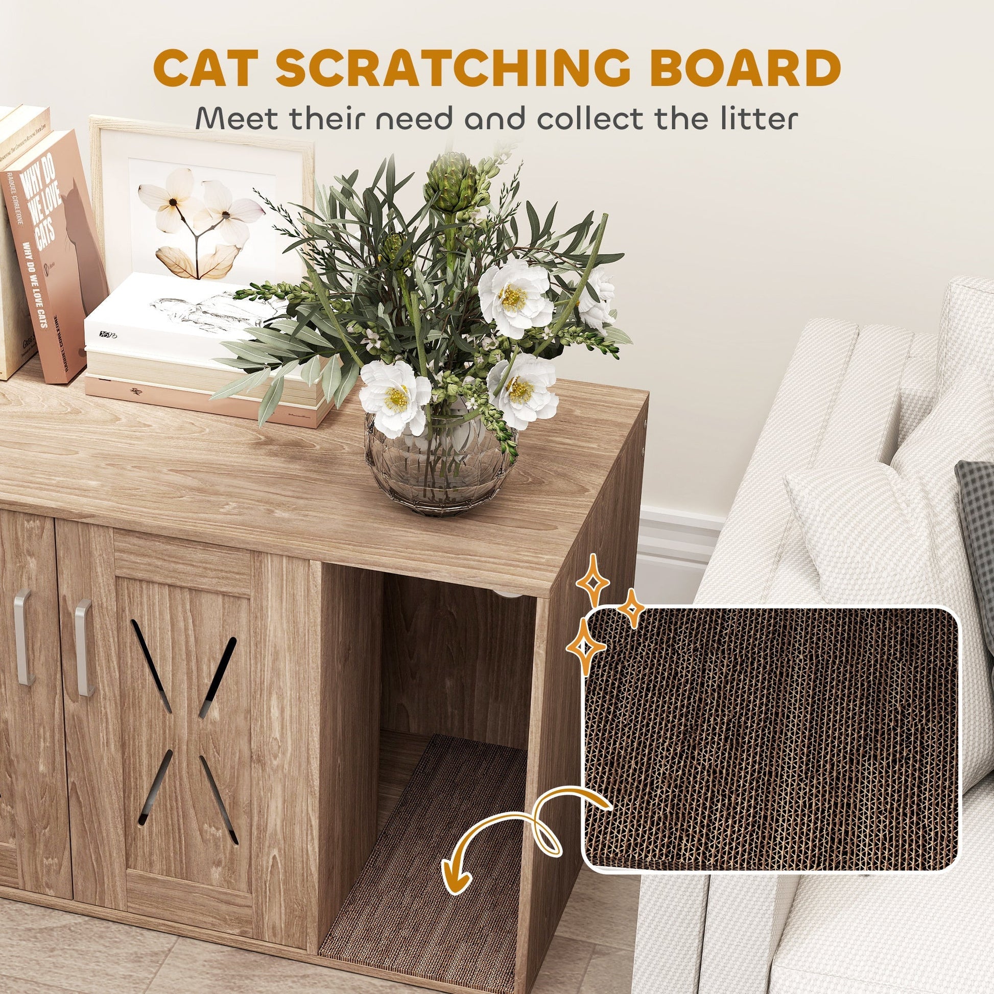 HKM-596691 Walnut Brown Cat Litter Box Enclosure with Scratching Board and Side Table Functionality, 31.5 x 19 x 20 Inches, Easy Assembly