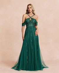 HKM-855763 Elegant Green Women's Evening Gown with Flowing Silhouette