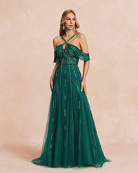 HKM-855763 Elegant Green Women's Evening Gown with Flowing Silhouette