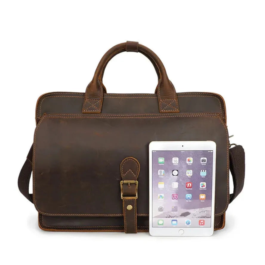 KTX-269907 Men's Retro Leather Laptop Tote and Business Briefcase with Crossbody Strap for Office and Conference Use