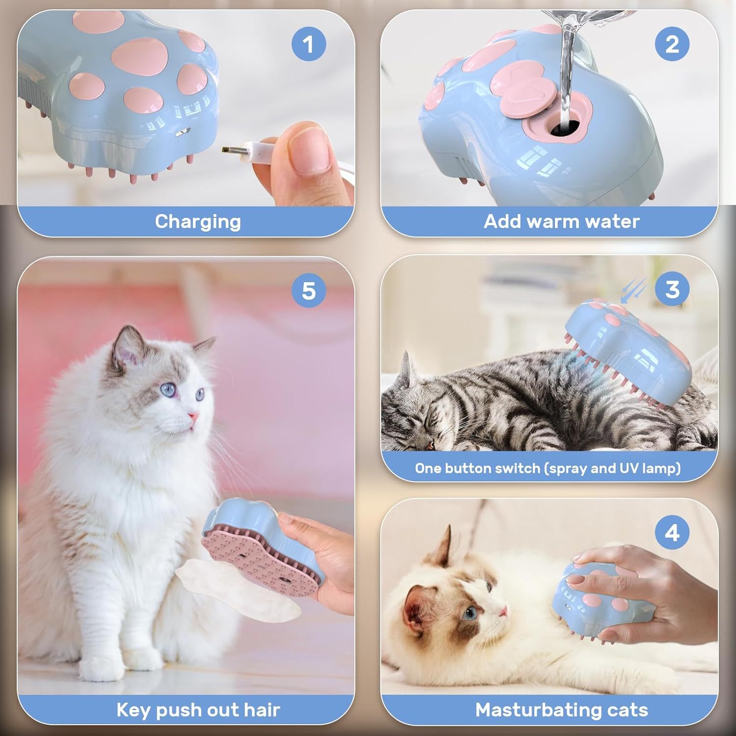 HKM-870931 Self-Cleaning 4-in-1 Cat & Dog Grooming Steam Brush with Massage Feature and Release Button for Easy Fur Removal