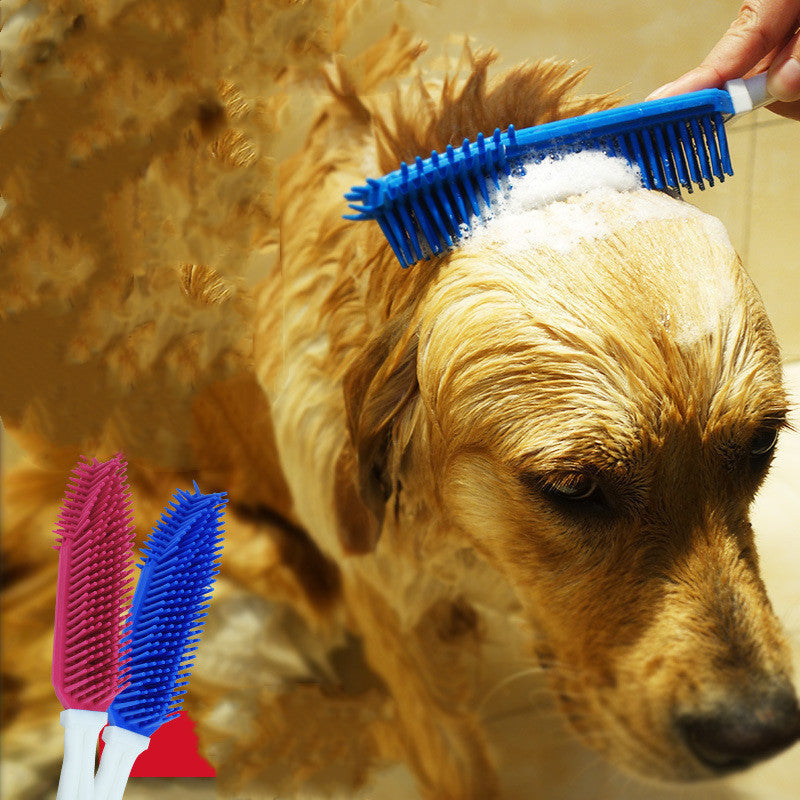 HKM-243731 Pet Bath Brush for Dogs and Cats - Silicone and Plastic Scrubbing Tool, Blue, 27cm Long, 4cm Wide