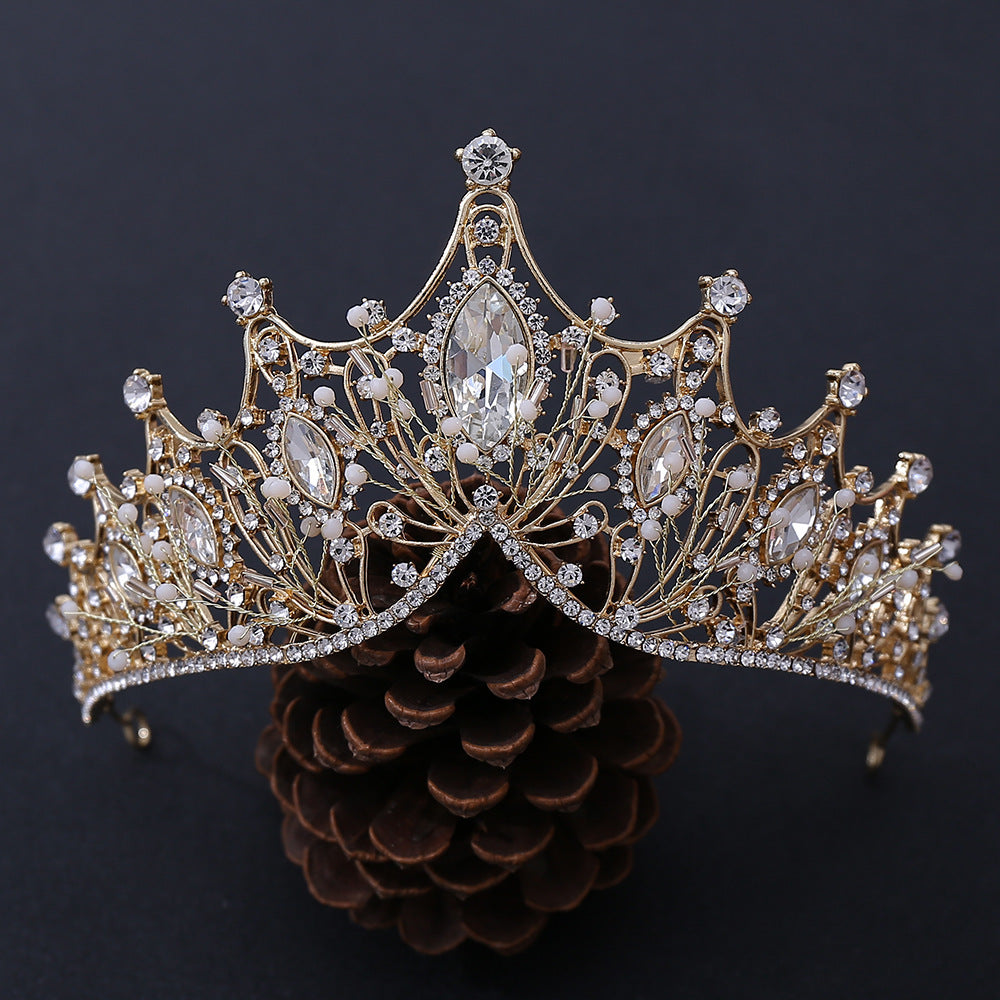 HKM-864851 Korean Style Alloy Crown Headband with White Crystals for Weddings
