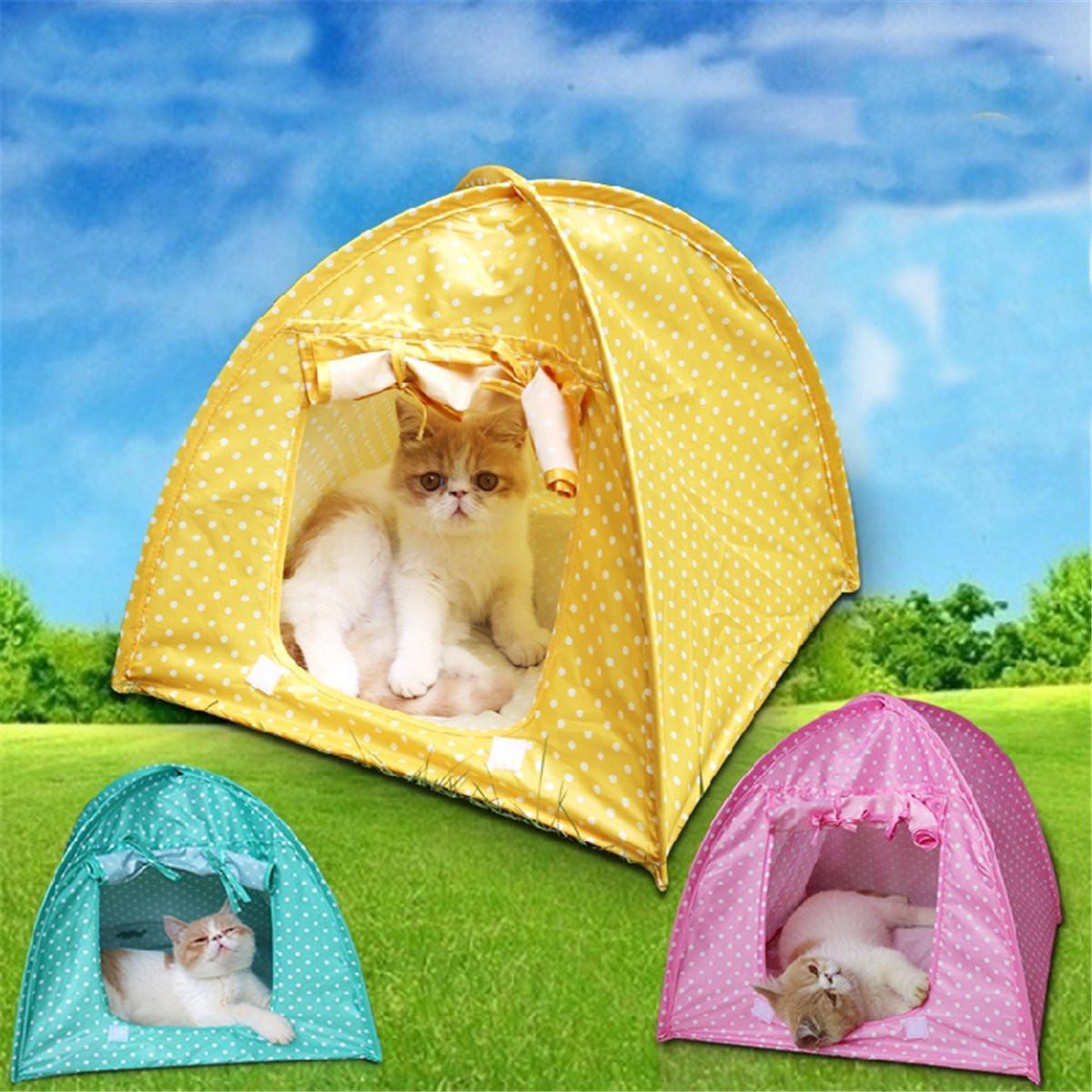 HKM-548115 Collapsible Pet Tent - Green, Yellow, and Pink Dots, 43x43x41cm, Polyester Material