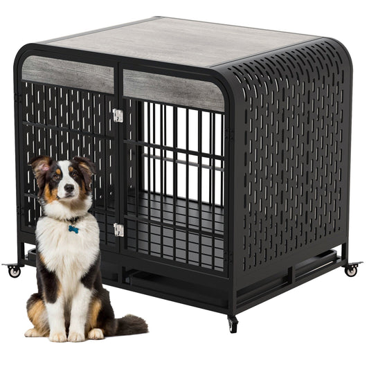 HKM-579731 Heavy Duty Wooden Dog Crate Table with Lockable Wheels and Removable Trays - 42 Inch Grey for Medium to Large Dogs