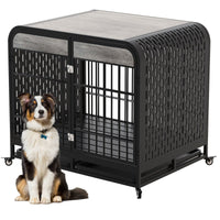 HKM-579731 Heavy Duty Wooden Dog Crate Table with Lockable Wheels and Removable Trays - 42 Inch Grey for Medium to Large Dogs