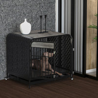 HKM-579731 Heavy Duty Wooden Dog Crate Table with Lockable Wheels and Removable Trays - 42 Inch Grey for Medium to Large Dogs